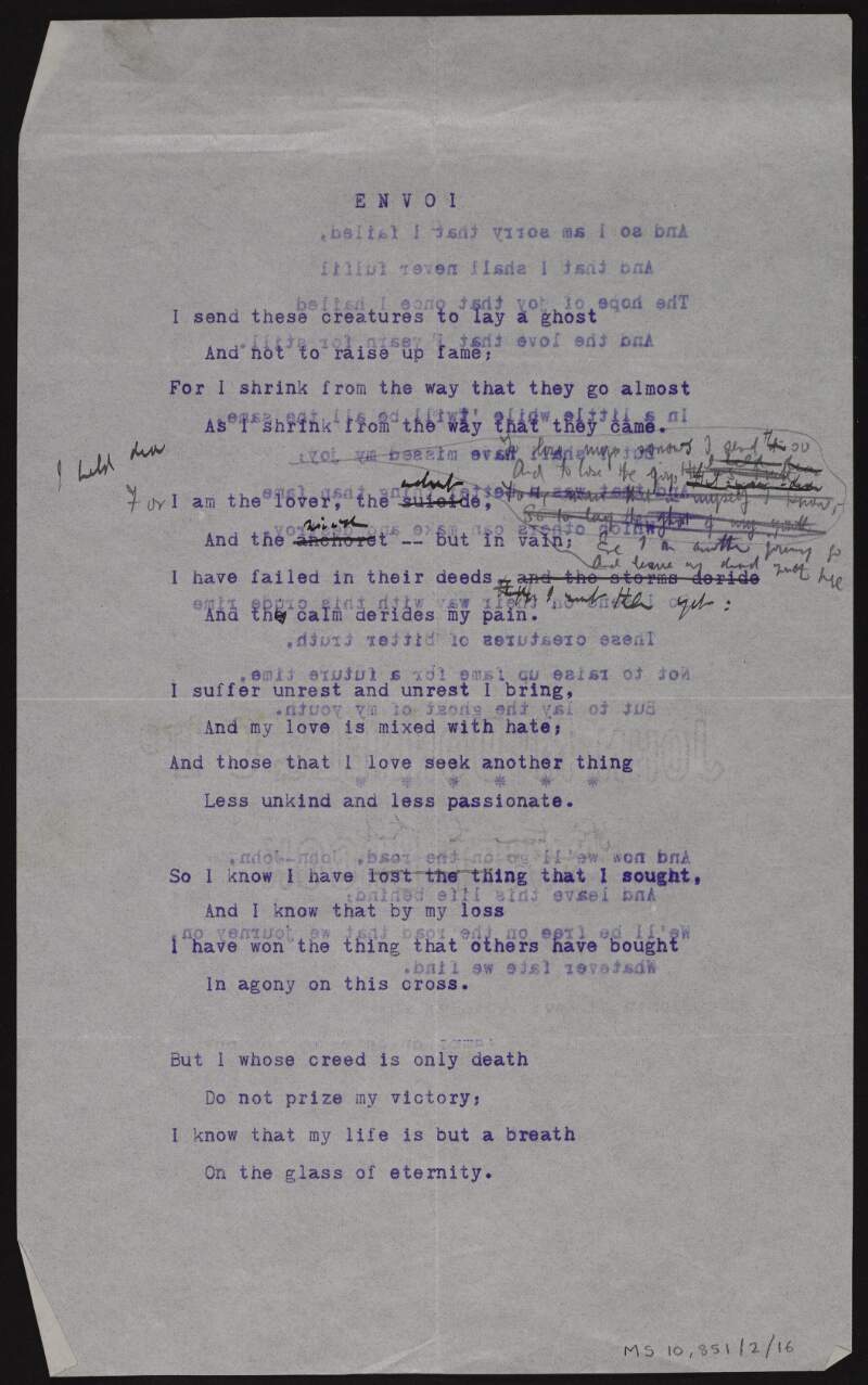 Annotated typescript draft of poem 'Envoi',
