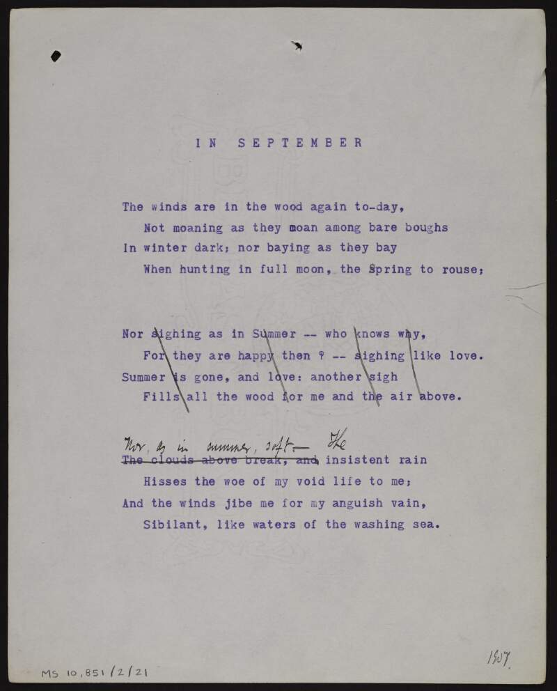 Annotated typescript draft of poem 'In September',