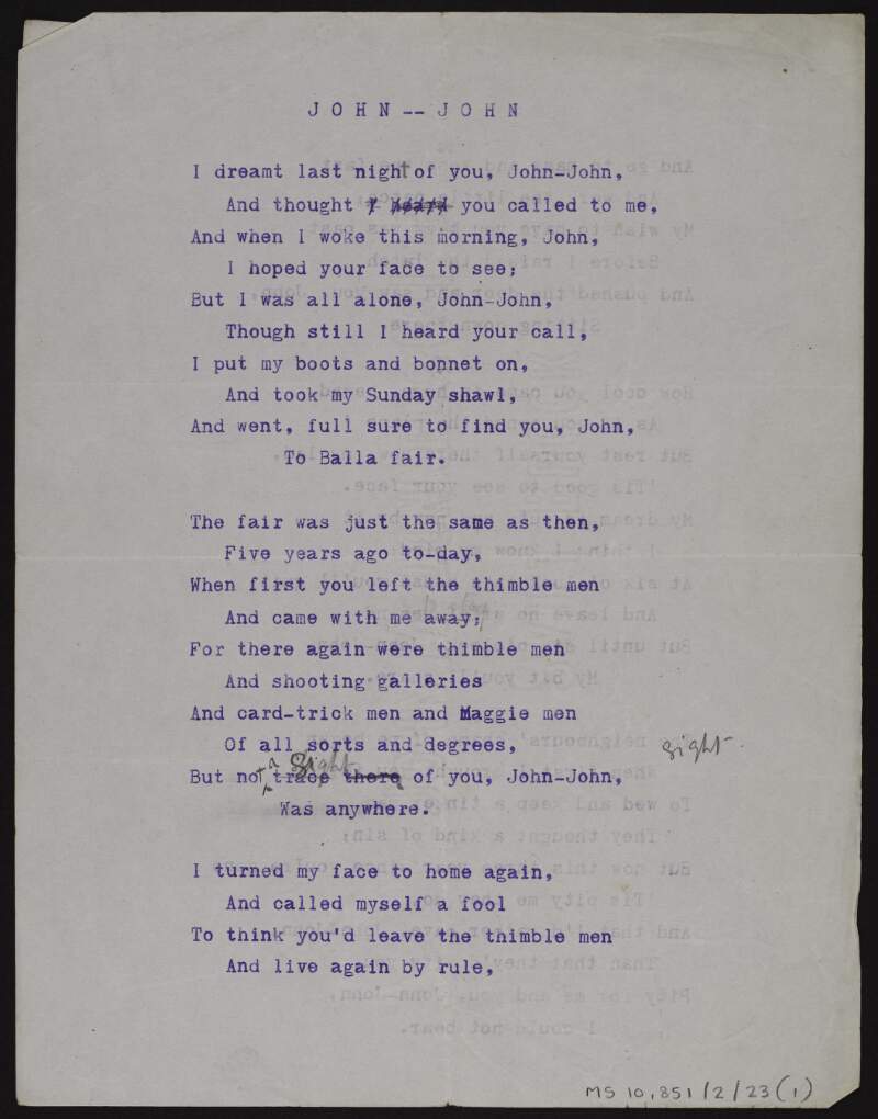 Annotated typescript draft of poem 'John-John',