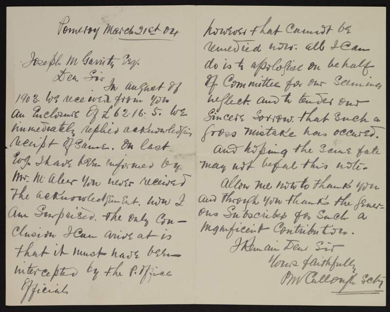 Letter from P. McCullough to Joseph McGarrity thanking him for his donation,