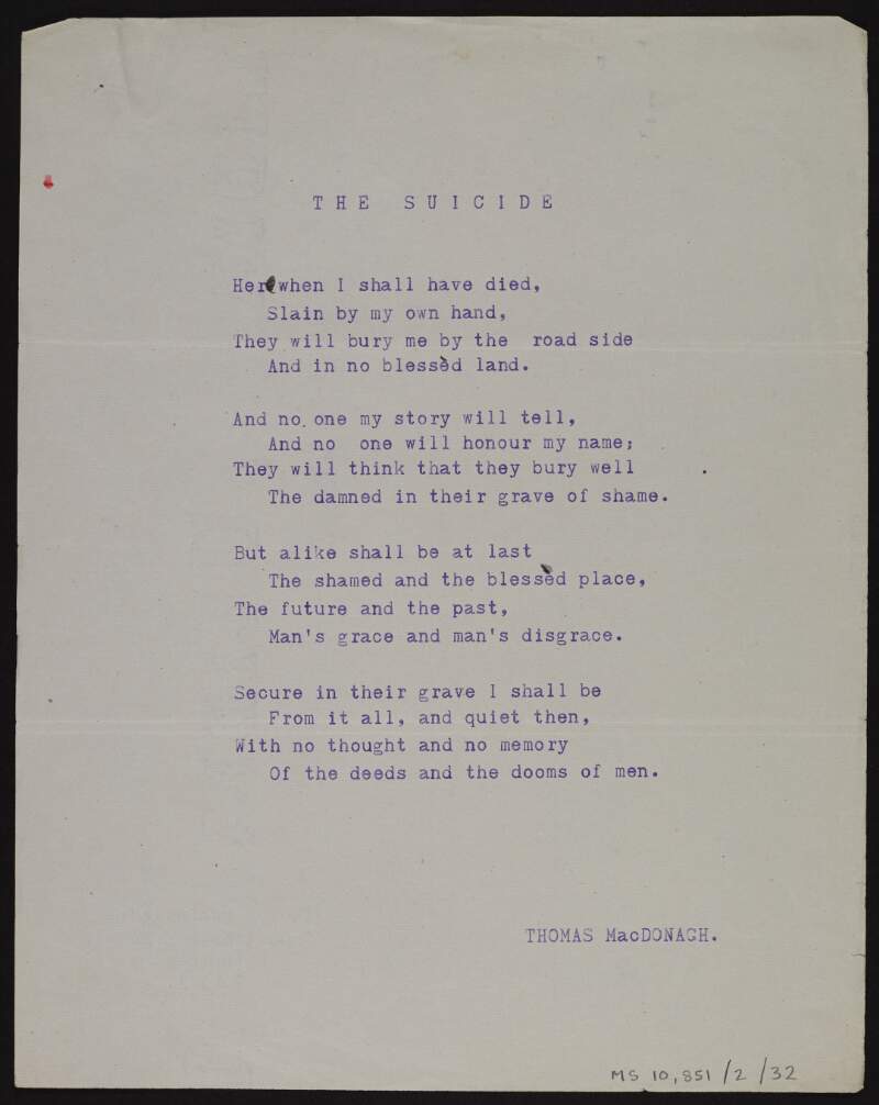 Annotated typescript draft of poem 'The suicide',