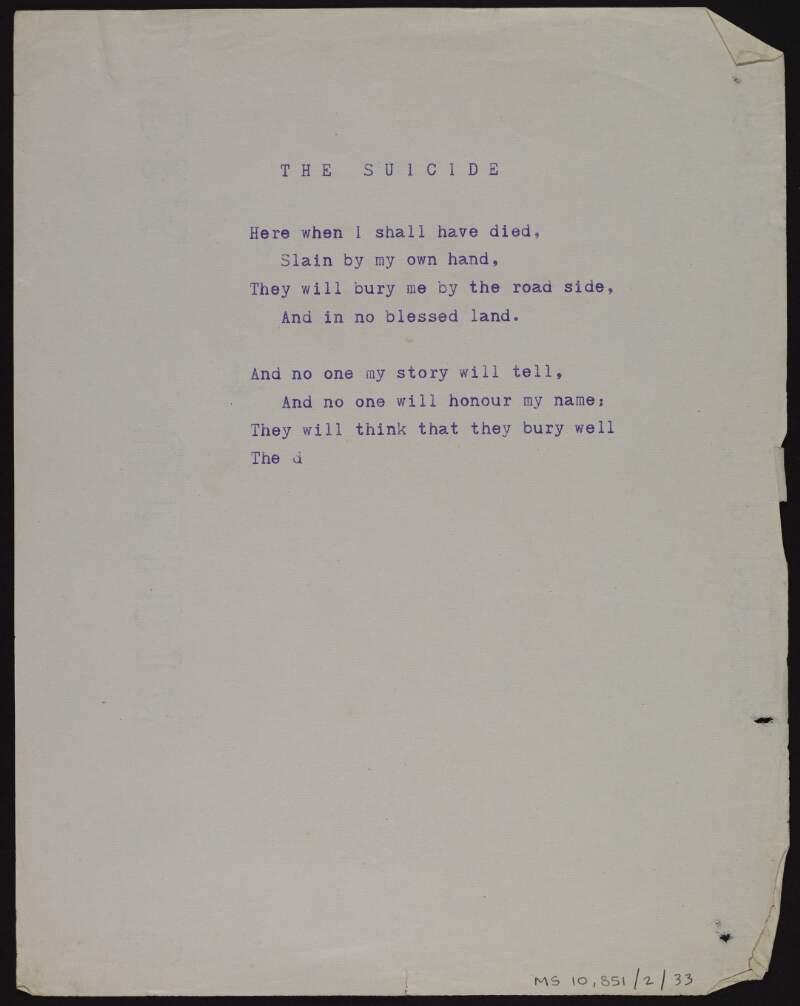 Incomplete typescript copy of poem 'The suicide',