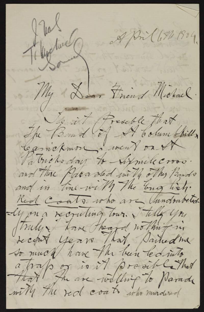 Letter from Joseph McGarrity to "Michael" regarding Irishmen enlisting in the British Army,