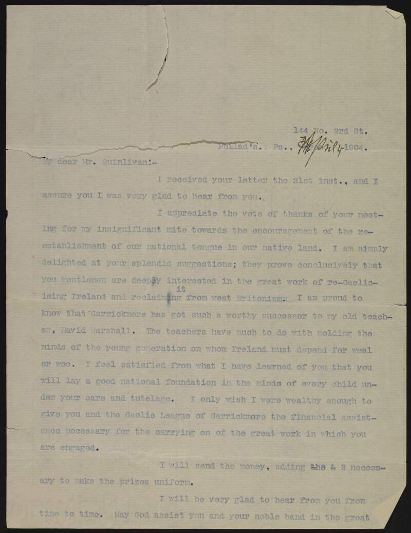 Letter from Joseph McGarrity to Maurice F. Quinlivan regarding prizes for students of Irish,