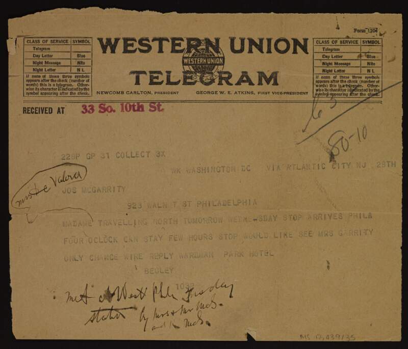 Telegram from "Begley" to Joseph McGarrity informing him that Mrs De Valera will be arriving in Philadelphia,