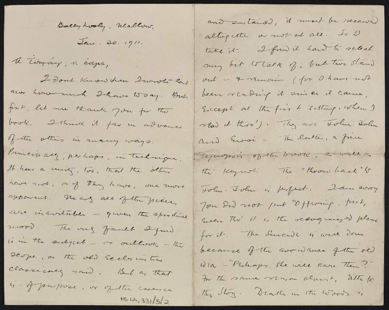 Letter from unknown author to Thomas MacDonagh, praising his book of poetry 'Songs of Myself',