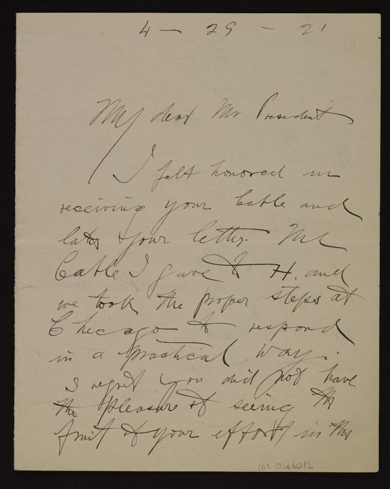 Letter from Joseph McGarrity to "Mr President" [Éamon De Valera] concerning the Chicago convention and the possibility of another loan to the Republic of Ireland,