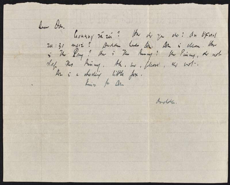 Short letter from Thomas MacDonagh to Donagh MacDonagh asking how the pony and the bunny are,