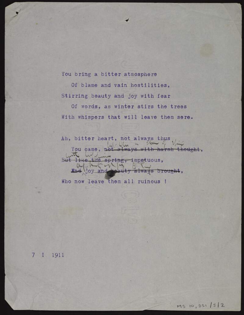 Annotated typescript draft of poem ['A song of joy', part II.],