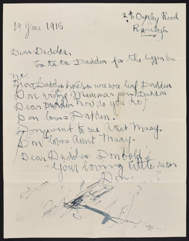 Letter from Donagh MacDonagh to Thomas MacDonagh saying he is writing with his mother's pen and asking how he is,