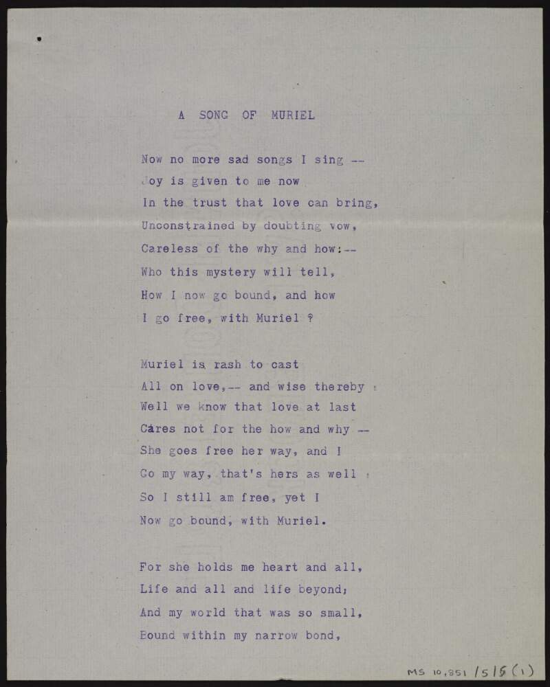 Annotated typescript draft of poem 'A song of Muriel' ['A song of joy', part V.],