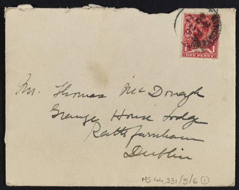 Letter from Maude Radford-Warren to Thomas MacDonagh regarding their forthcoming meeting and how the Liverpool strike has caused her sailing to be delayed,