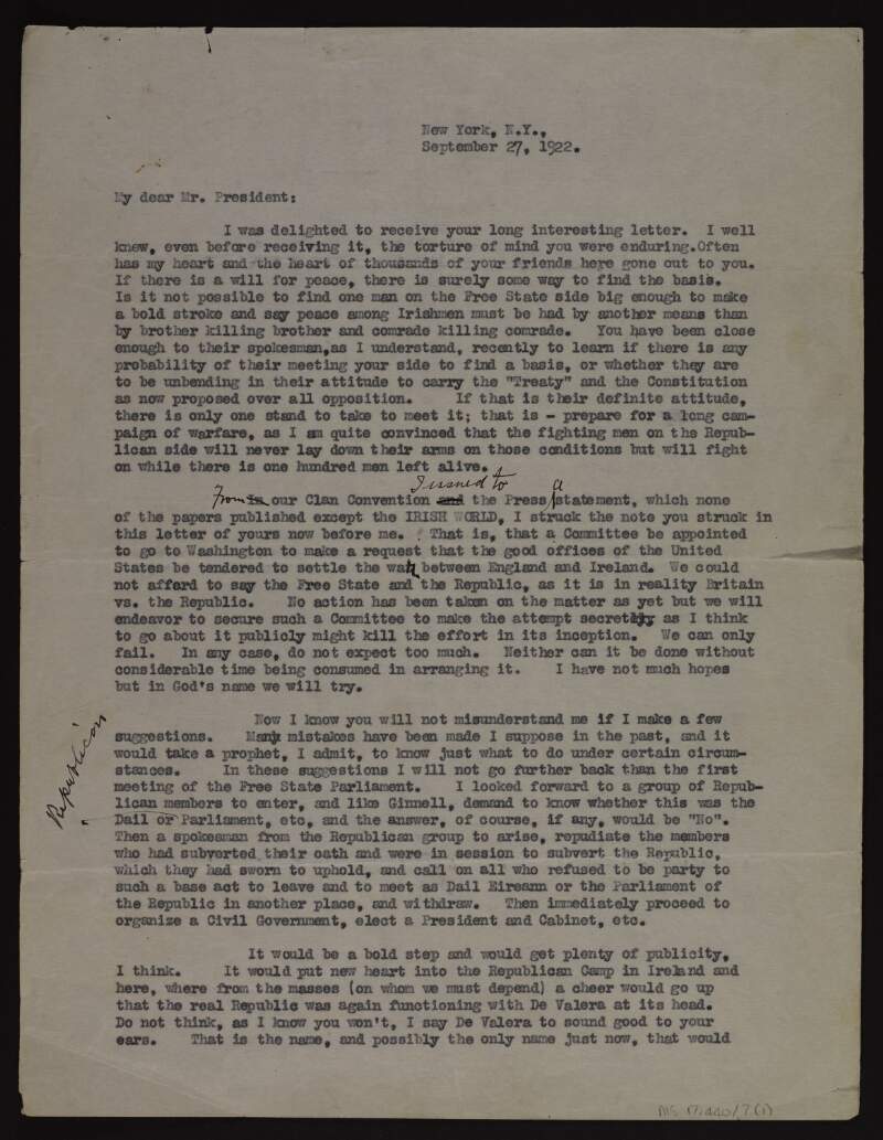 Typescript letter from Joseph McGarrity to Éamon De Valera concerning the Free State,