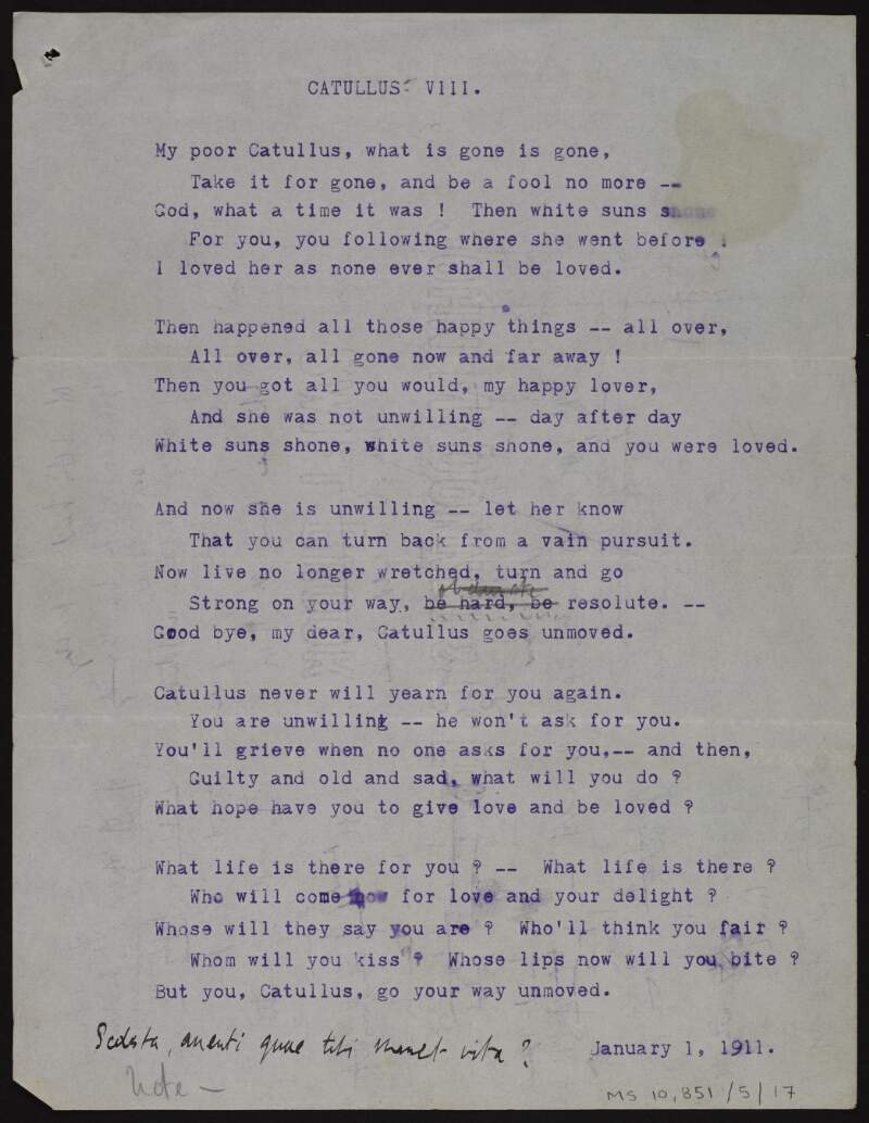 Annotated typescript draft of poem 'Catullus: VIII',