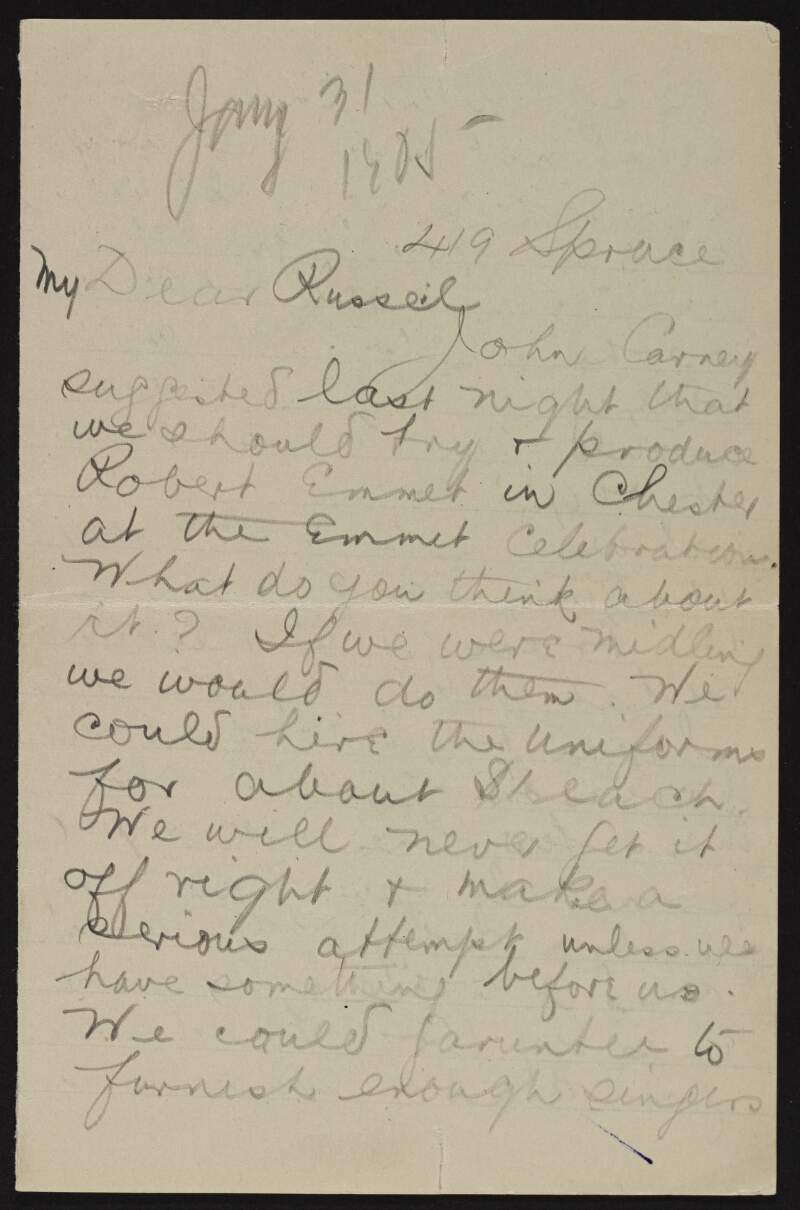 Letter from "Emmet" to "Russel" discussing poetry and a production dedicated to Robert Emmet,