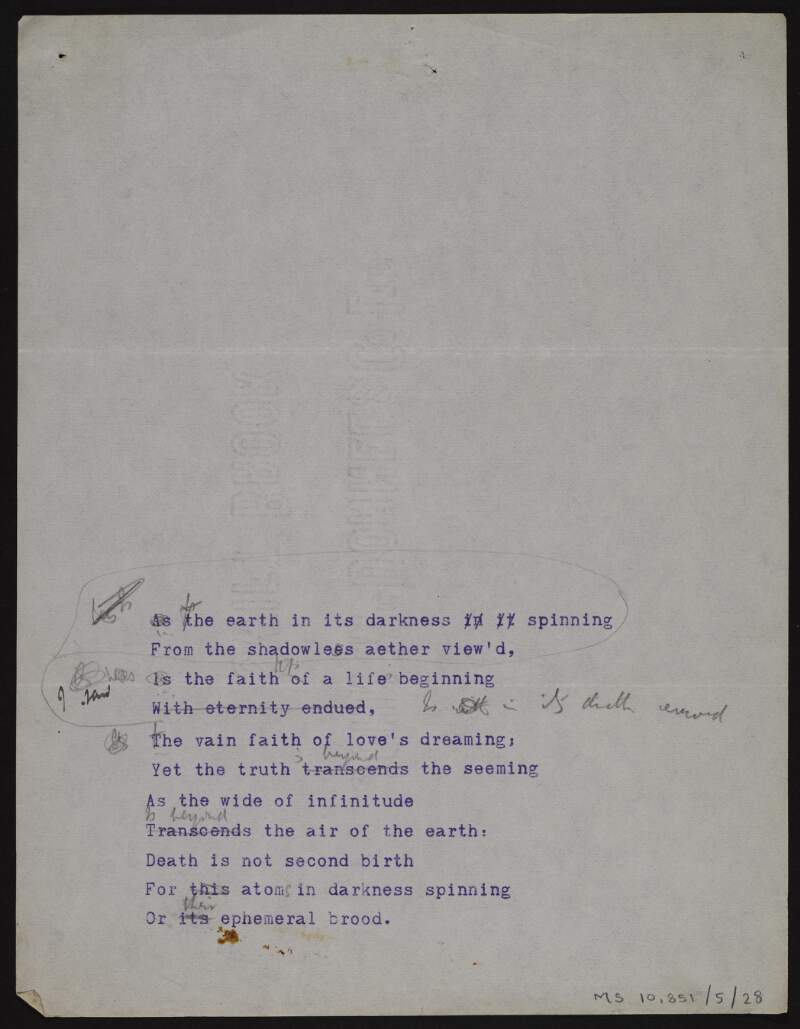 Incomplete, annotated typescript draft of poem ['O star of death'],