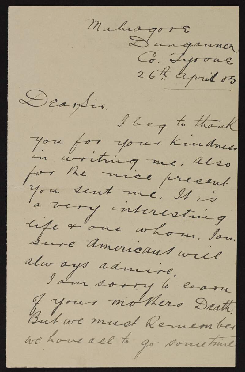 Letter from Wm. Jas. Jackson to Joseph McGarrity regarding Jackson's family and the death of McGarrity's mother,