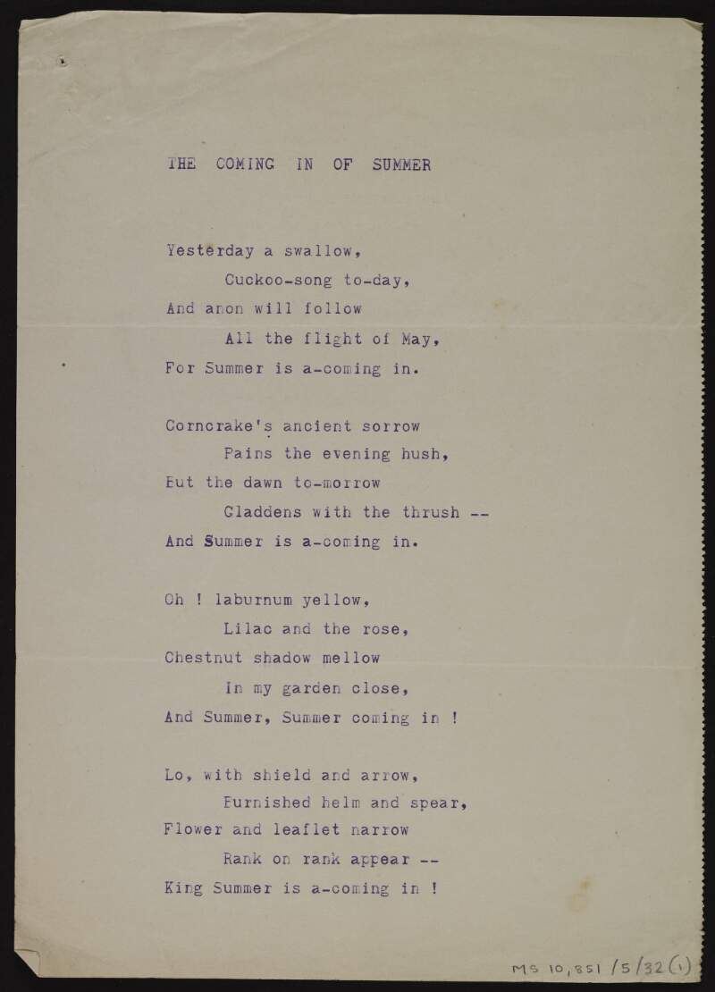 Typescript copy of poem 'The coming in of summer',
