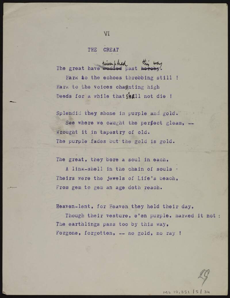 Annotated typescript draft of poem 'The Great',