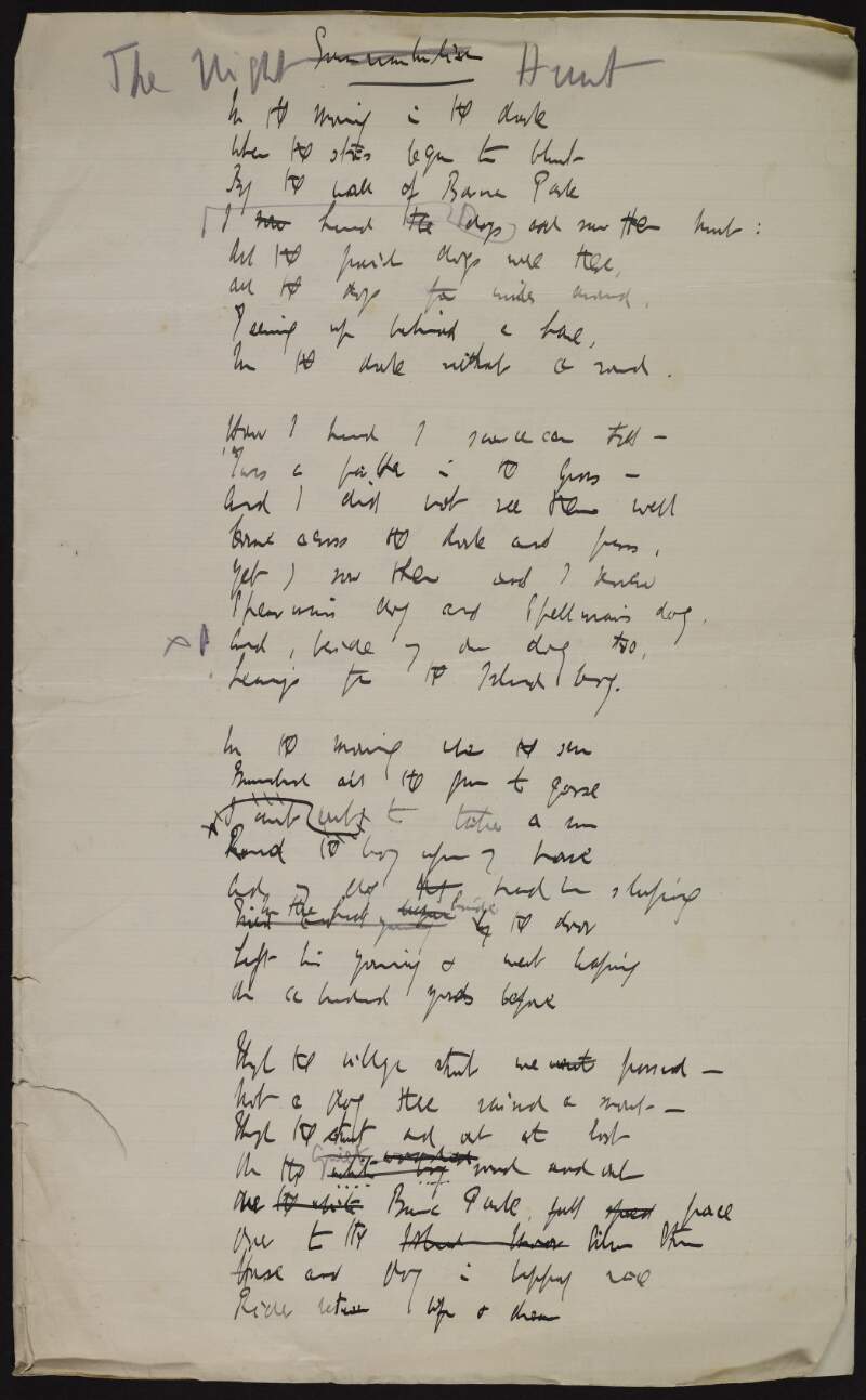 Manuscript draft of poem 'The Night Hunt',
