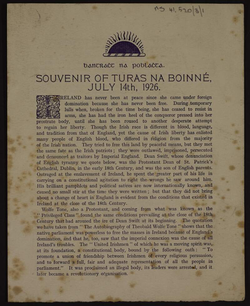 Pamphlet entitled 'Souvenir of Turas na Boinné, July 14th, 1926.',