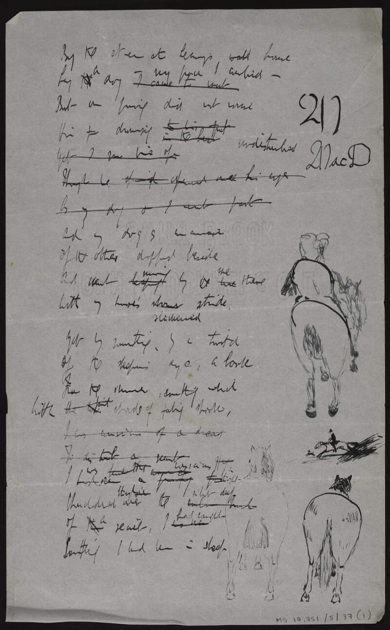 Manuscript draft of poem ['The night hunt'], including caligraphic practice and sketches of horses by Thomas MacDonagh,