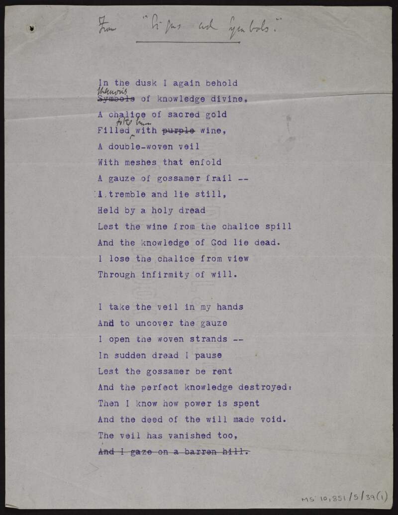 Annotated typescript draft of poem ['The tree of knowledge'] from 'Signs and symbols',