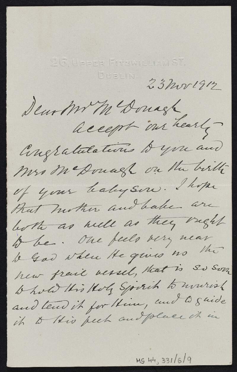 Letter from Countess Mary Josephine Plunkett to Thomas MacDonagh congratulating Thomas and Muriel MacDonagh on the birth of their son Donagh,