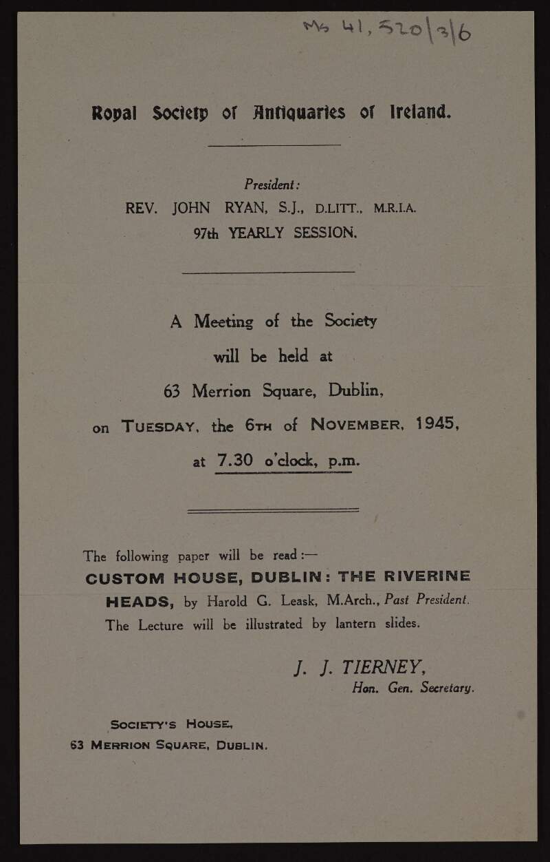 Flier for a meeting of the Royal Society of Antiquaries of Ireland in Dublin on the 6th of November 1945,