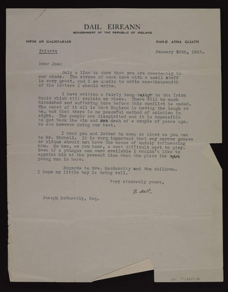 Typescript letter from Éamon De Valera to Joseph McGarrity asking him to keep close to Laurence Ginnell,