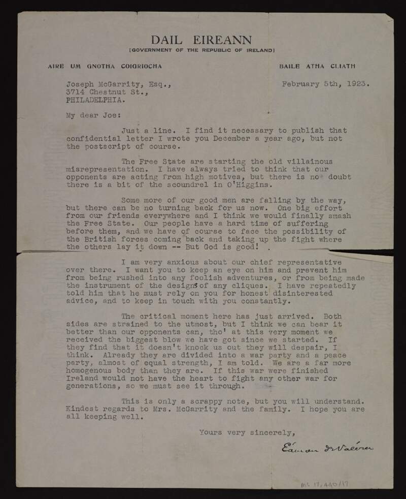 Typescript letter from Éamon De Valera to Joseph McGarrity updating him on the Civil War and asking him to guide Larence Ginnell,