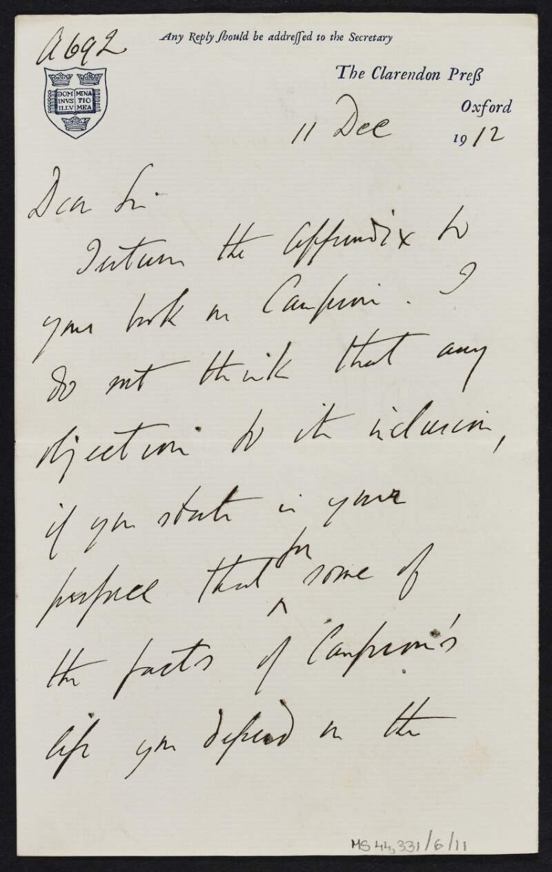 Letter from Robert William Chapman to Thomas MacDonagh regarding the use of Sylvanus Percivial Vivian's facts of Thomas Campion's life in Thomas MacDonagh's work,