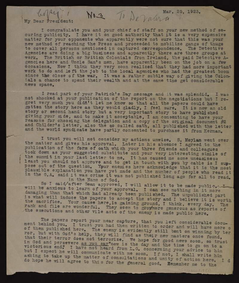Typescript copy letter from Joseph McGarrity to Éamon De Valera regarding the press coverage of the Civil War,