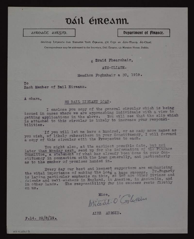 Letter from Michael Collins to each member of Dáil Éireann, regarding the securement of applications for a loan and a request for information of what has already been done in each constituency in connection with the loan,
