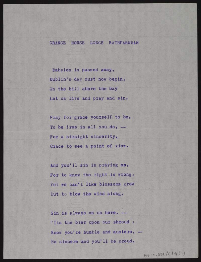 Typescript copy of poem 'Grange House Lodge Rathfarnham',