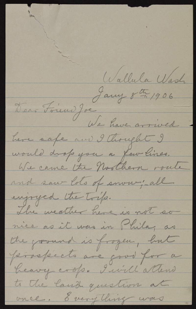 Letter from D.J. Marshall to Joseph McGarrity updating McGarrity on his trip and discussing his farm in Wallula, Washington,