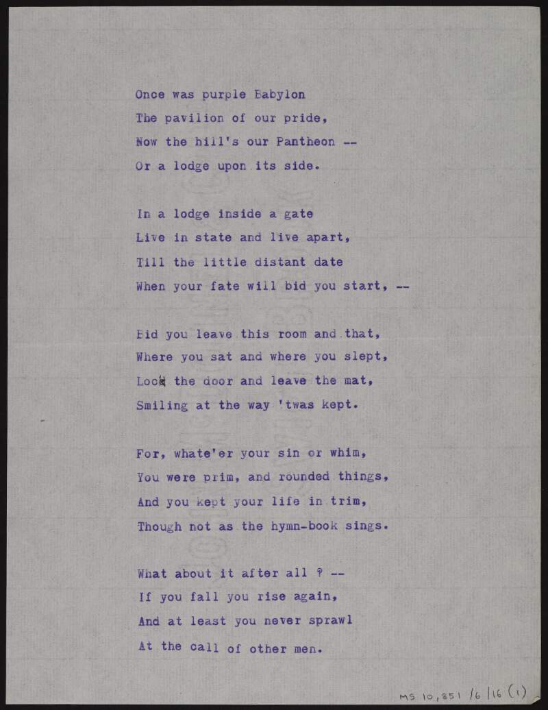 Partial annotated typescript drafts of poem ['Grange House Lodge'],