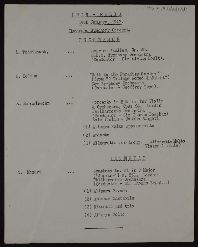 Progamme for a recorded Symphony concert on the 15th of March 1945,