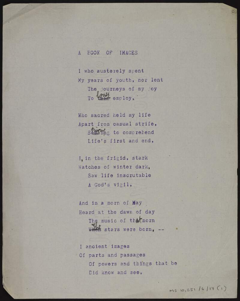 Annotated typescript draft of poem 'A book of images' ['Images'],