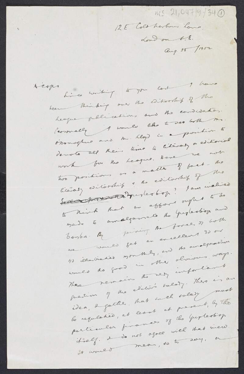 Letter from William O'Riain to Padraic Pearse regarding the salary and candidates for the General Editor of the Gaelic League Publications Committee position and the possible amalgamation of 'Banba' and the 'Gaelic Journal',