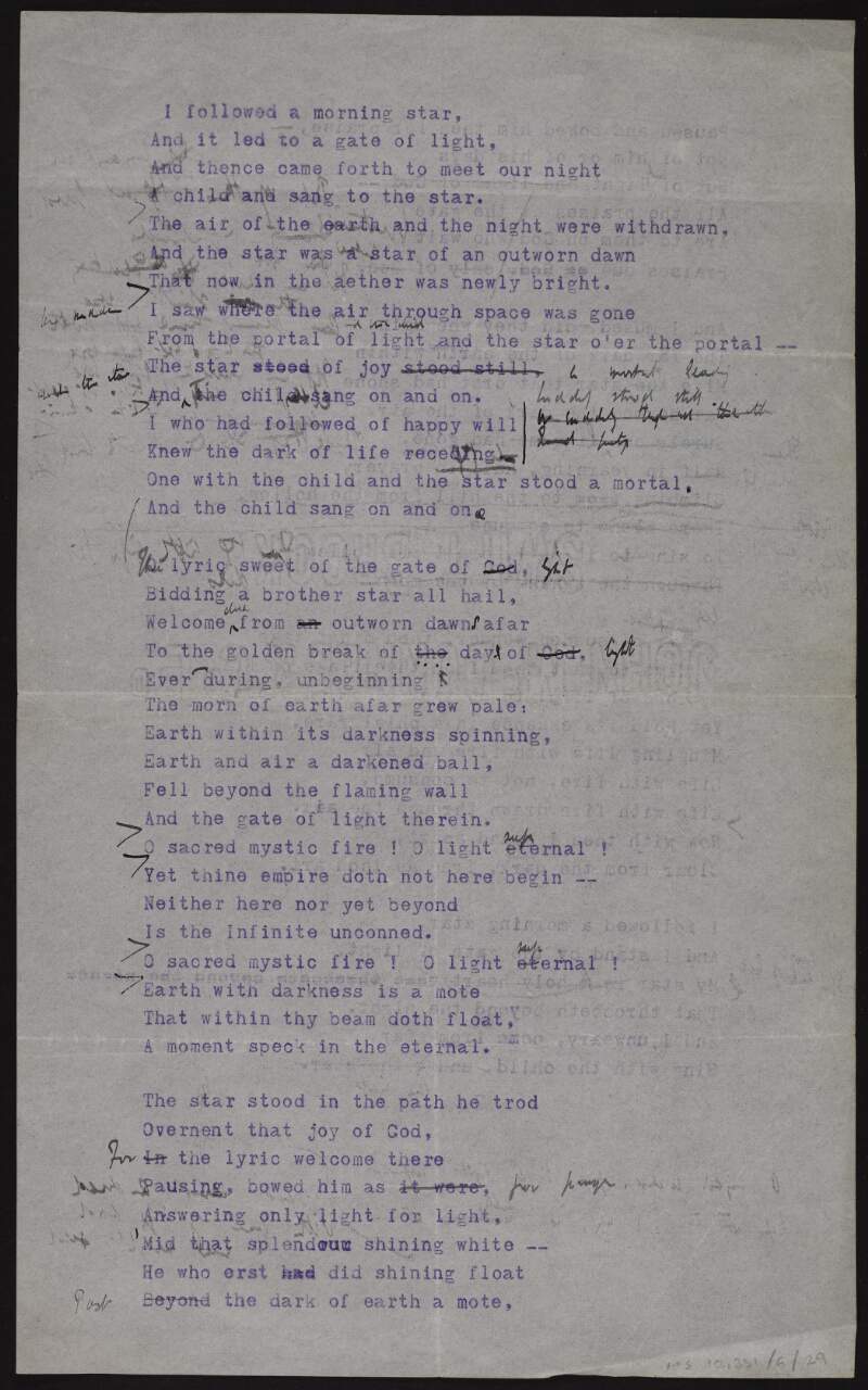 Annotated typescript draft of poem ['O star of death'],