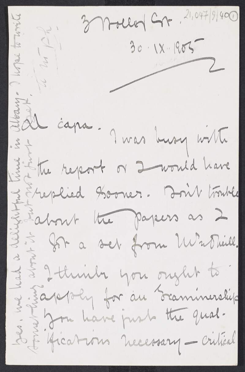 Letter from Úna Ní Fhaircheallaigh urging him to apply for an Irish language Examinership at University College Dublin,