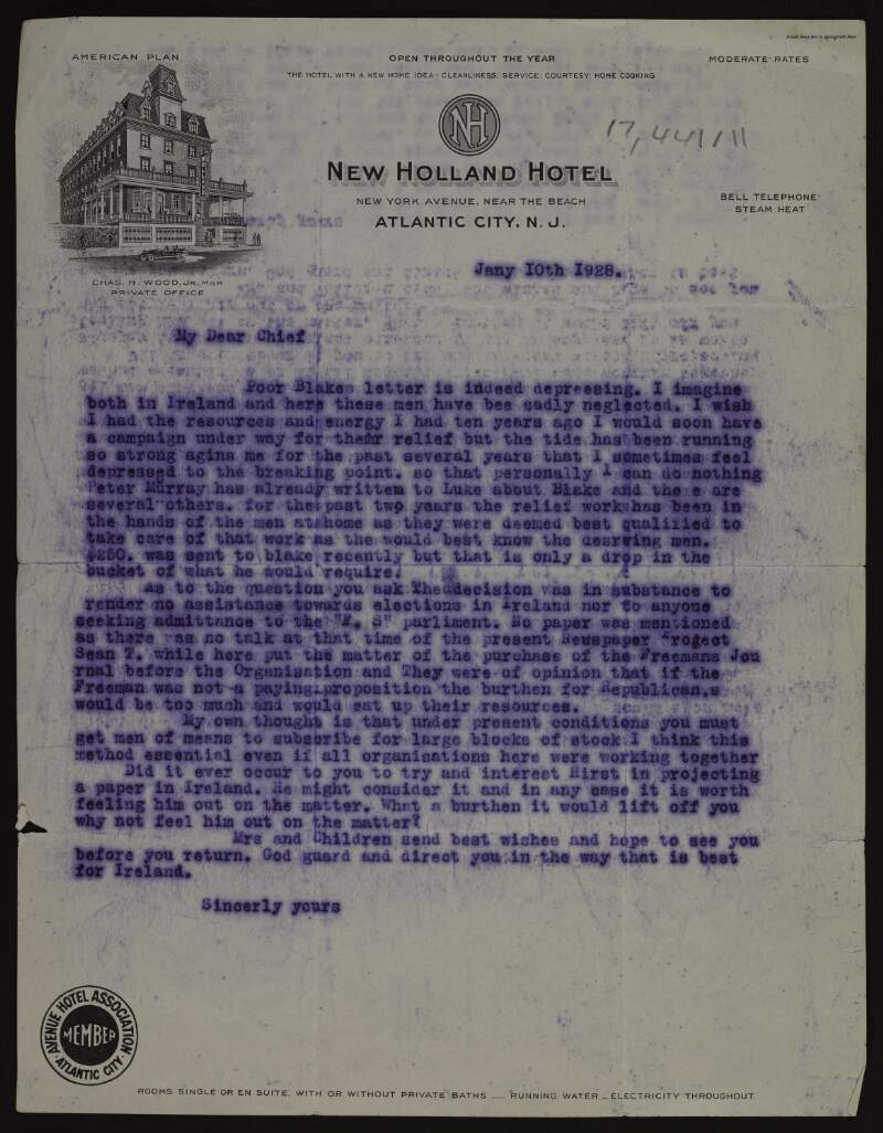 Typescript letter from Joseph McGarrity to Éamon De Valera regarding "Blake", Clan-na-Gael's decision not to get involved in elections in Ireland and the setting up of a newspaper,