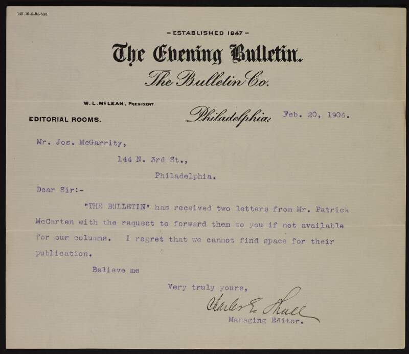 Letter from 'The Evening Bulletin' sending letters written by Patrick McCartan onto Joseph McGarrity as they will not be publishing them,