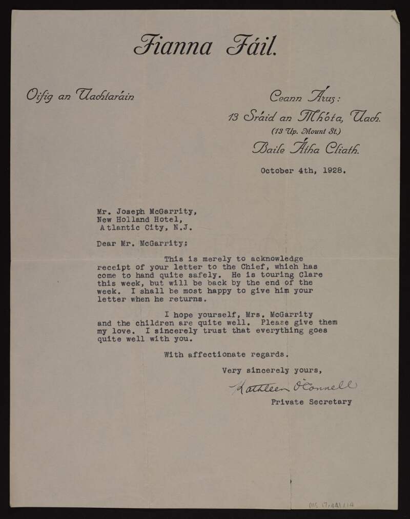 Typescript letter from Kathleen O'Connell to Joseph McGarrity acknowledging receipt of his letter to "the Chief" [Eamon De Valera], who is in Clare,