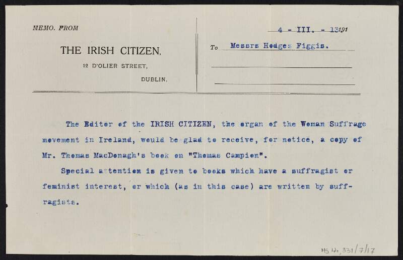 Memo from 'The Irish Citizen' to publishers Hodges Figgis requesting a copy of Thomas MacDonagh's book on the poet Thomas Campion,
