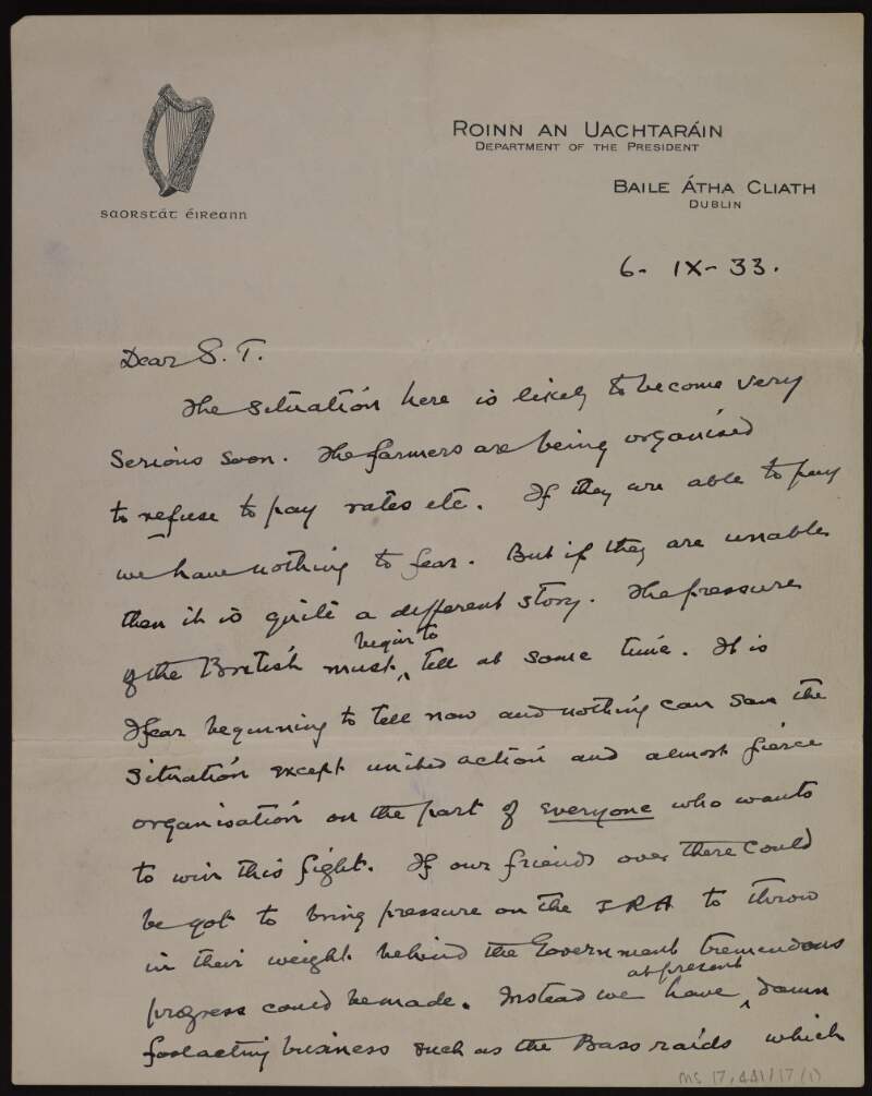 Letter from Éamon De Valera to Sean T. O'Kelly to be delivered by Joseph McGarrity, with letter from Kathleen O'Connell enclosed,