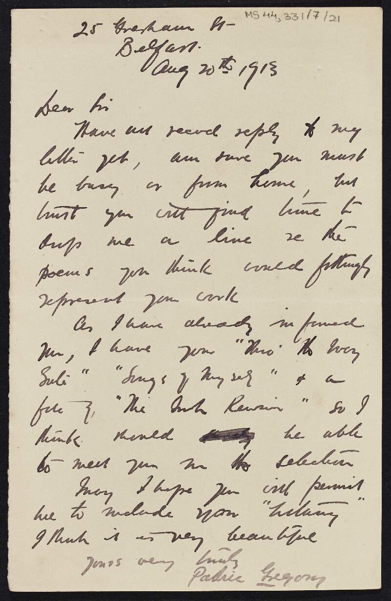 Letter from Padric Gregory to Thomas MacDonagh, requesting permission for the use of MacDonagh's poetry in an anthology of verse by Irish poets,
