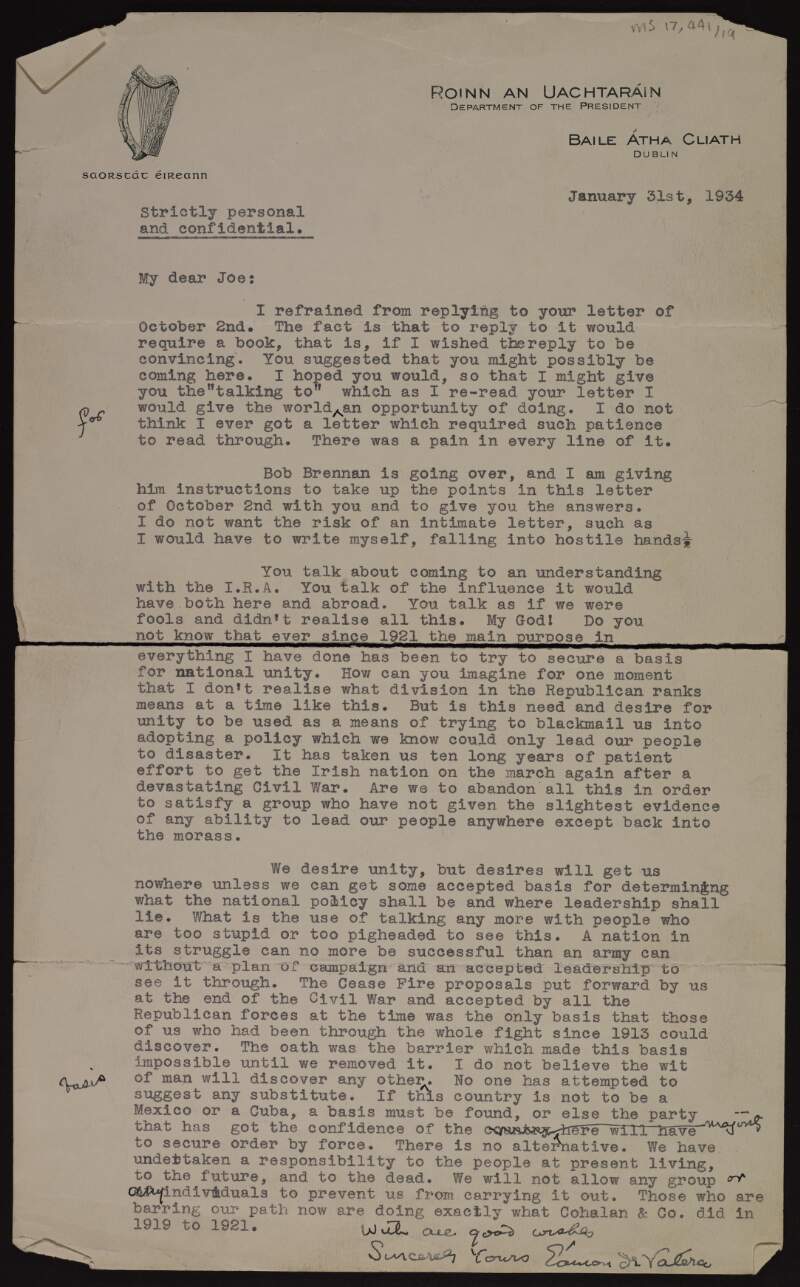 Typescript letter from Éamon De Valera to Joseph McGarrity regarding the lack of a basis for national unity,