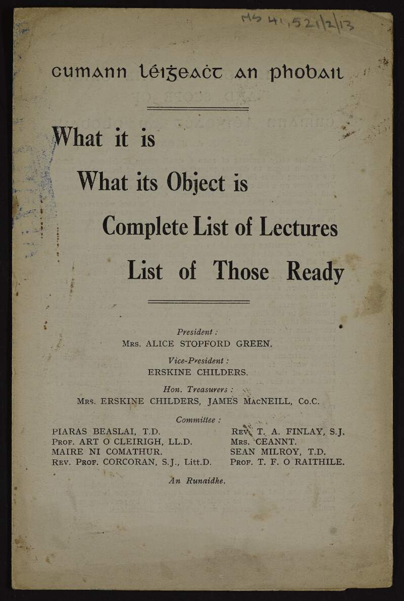 List of lectures by Cumann Leigheacht an Phobail, with a short history of the origin and scope of the organisation by Alice Stopford Green,